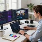 Professional developer using video to prompt ai tool in a modern workspace, showcasing dynamic tech environment.