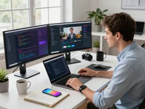 Professional developer using video to prompt ai tool in a modern workspace, showcasing dynamic tech environment.