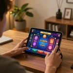 Engaging in kuwin đăng nhập on a tablet, showcasing an exciting online casino gaming experience.