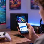 User focused on myfairplay login on smartphone, displaying vibrant graphics in a modern gaming room.