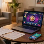 Engaging live dealer game session on rr88 center app at home, laptop display and betting notes present.