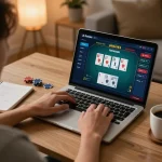 8kbet user engaged in online poker game at home, blending strategy and lifestyle in a cozy setting.