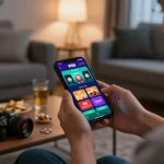 Mobile betting on W88 app in a cozy home setting with vibrant graphics and ambient lighting.