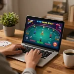 Playing top game bài đổi thưởng on a laptop at home, showcasing immersive online poker gaming.