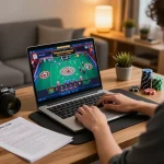 F168 online casino player engaging in live dealer roulette while strategizing with notes.