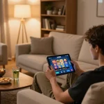Engaging with the rokok88 app on a cozy sofa for an immersive gaming experience.