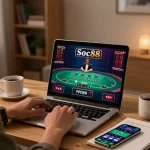 Engaging in a live dealer game from Soc88 on a laptop in a warm home environment.