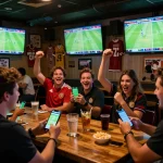 Engaging moment at a sports betting venue with patrons placing bets on trang cá cược bóng đá