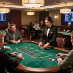 MB66 players strategically placing bets at a live dealer blackjack table in an elegant gaming room.