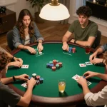 Friends placing bets during a lively poker game at home, showcasing xnk88 chip stacks and social interaction.