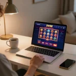 Person engaging in online casino gaming on DV88 platform, showcasing vibrant slot and poker games.