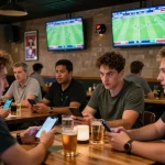 KQBD sports betting scene with fans cheering and using their smartphones to place bets in a vibrant sports bar environment