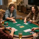 Friends enjoying a poker game at home, showcasing mb66 casino atmosphere with lively interactions and strategy