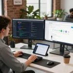 Developer using Open Claw in a modern workspace with dual monitors and collaborative tech environment.