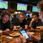 Engaging sports betting atmosphere with fans using open88 bet app in a lively bar setting