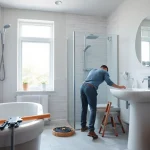 Manchester bathroom fitters expertly renovating a modern bathroom, showcasing craftsmanship and design.
