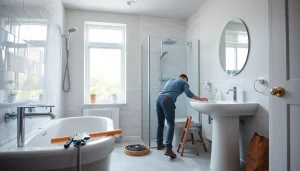 Manchester bathroom fitters expertly renovating a modern bathroom, showcasing craftsmanship and design.