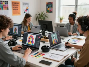 Creators using nano banana pro AI image editor in a vibrant digital art studio.