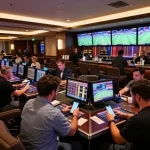 Players engaged in sports betting at 678vip's luxurious gaming area, showcasing live events and betting excitement