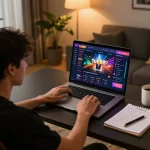 Player enjoying 1u888com gaming session on laptop with strategic notes visible