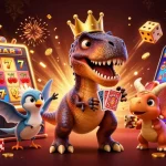 Experience the excitement of topbet casino with a fun 3D illustration of dinosaur characters playing cards and stacking chips.