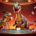 Play poker at tai hit club with a giant brontosaurus dealer amidst vibrant casino elements.