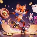 Cascade golden coins as a fox performs tricks at situs gacor, surrounded by vibrant casino elements.