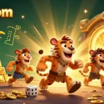 Enjoy thrilling games at tg88 com with a dynamic casino scene featuring colorful treasures and exciting characters.