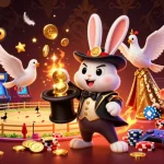 Engage with the excitement of đá gà b52club in this dynamic scene featuring a magician rabbit, gold coins, and playful gaming elements.